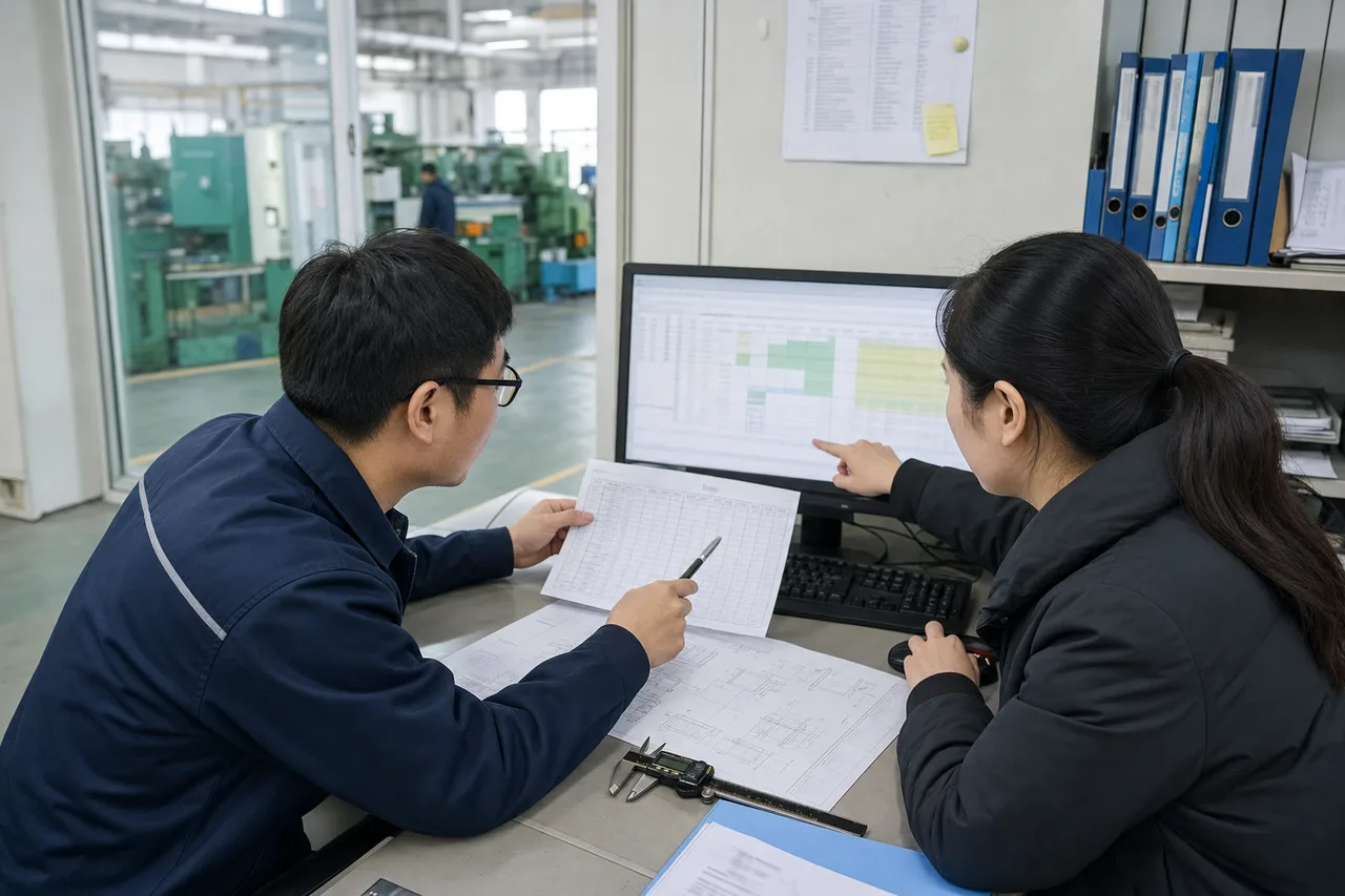 质量工程师与内容人员核对检测报告和提取参数
