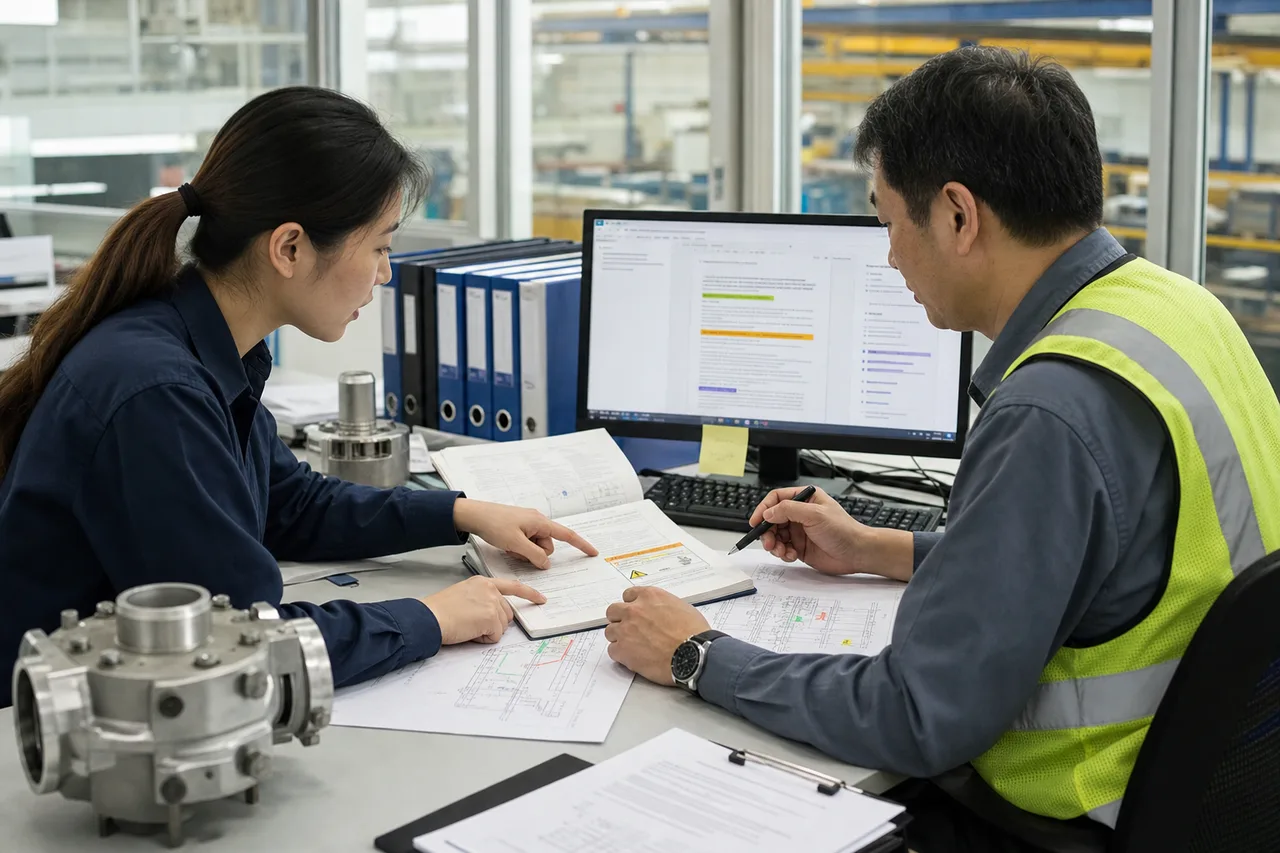 技术人员与内容编辑核对操作手册中的安全指令