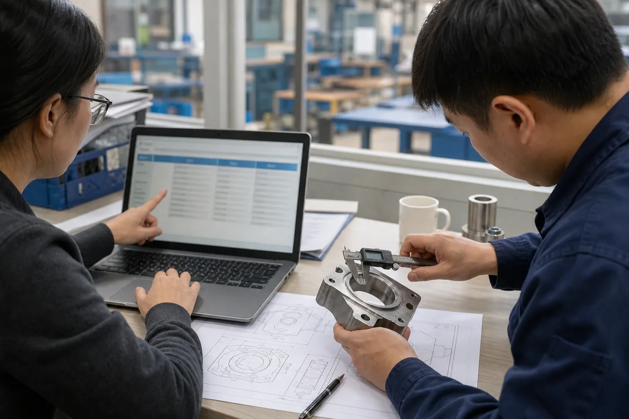 工程师与翻译人员核对产品尺寸和英文参数