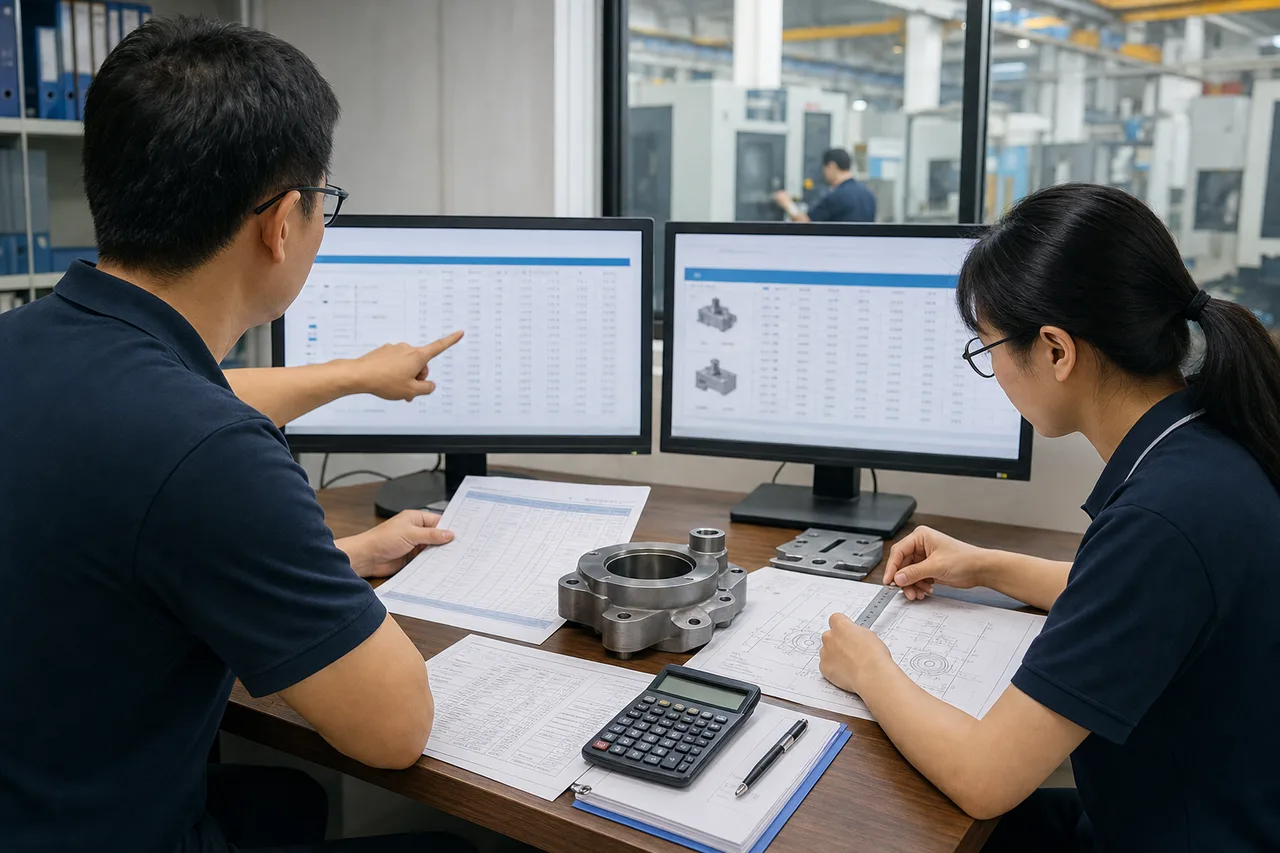 技术人员核对多语言产品参数表和数字显示格式