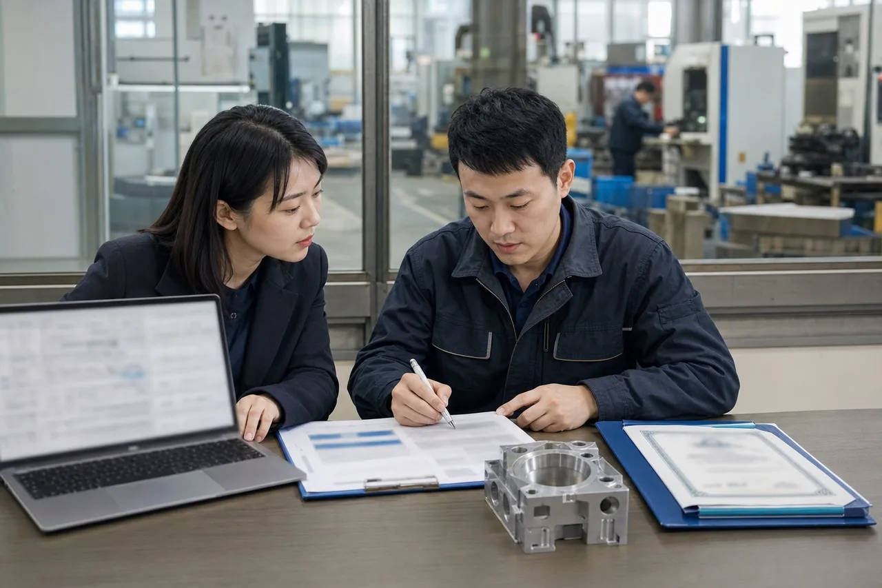 外贸销售与质量工程师核对客户认证要求和产品样件