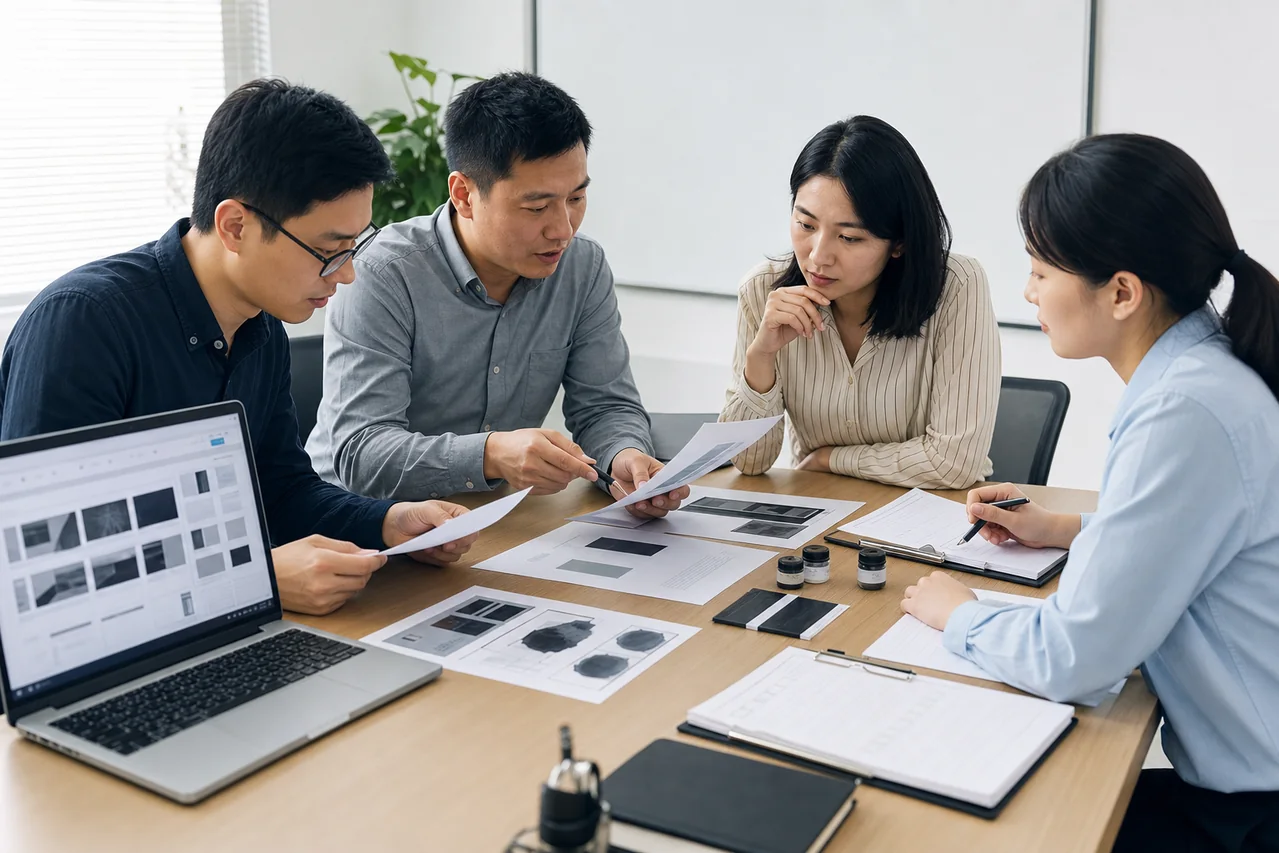 销售与技术人员核对电子油墨加工页面的材料和加工责任
