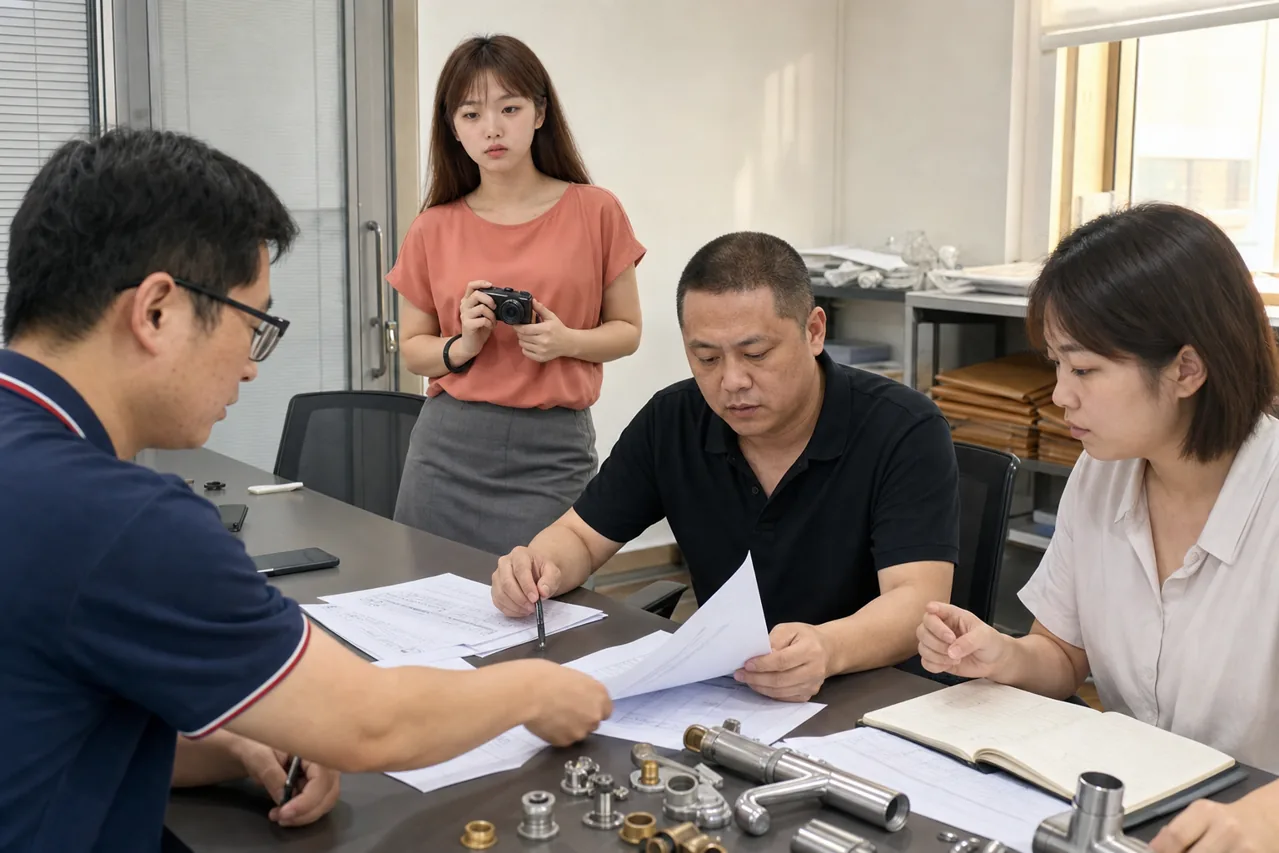 自媒体拍摄人员记录水龙头加工整改资料与后续批次复核