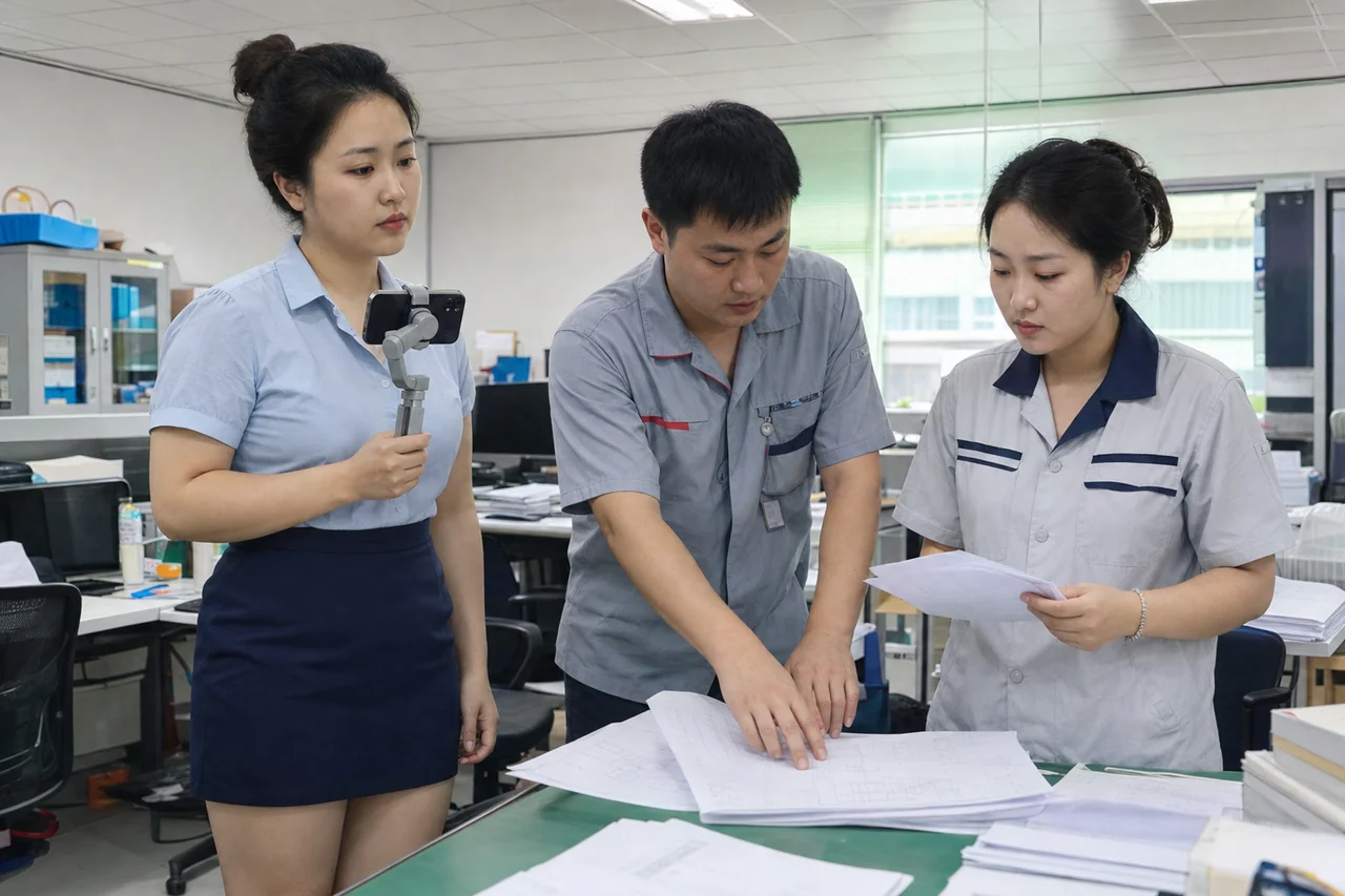 自媒体拍摄人员记录销售、技术和质量核对壳体加工图纸版本
