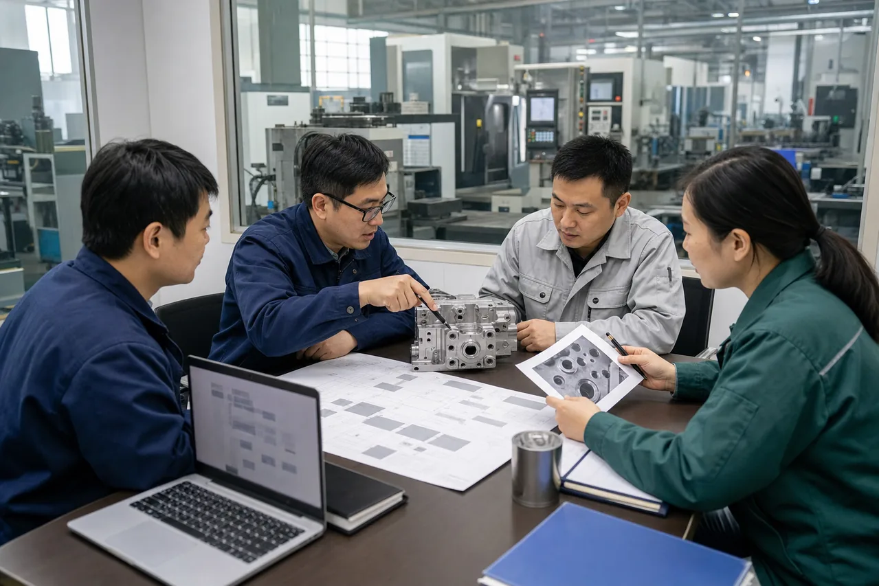 制造企业销售技术生产与质量人员核对氢能源加工的零件对象和工序边界