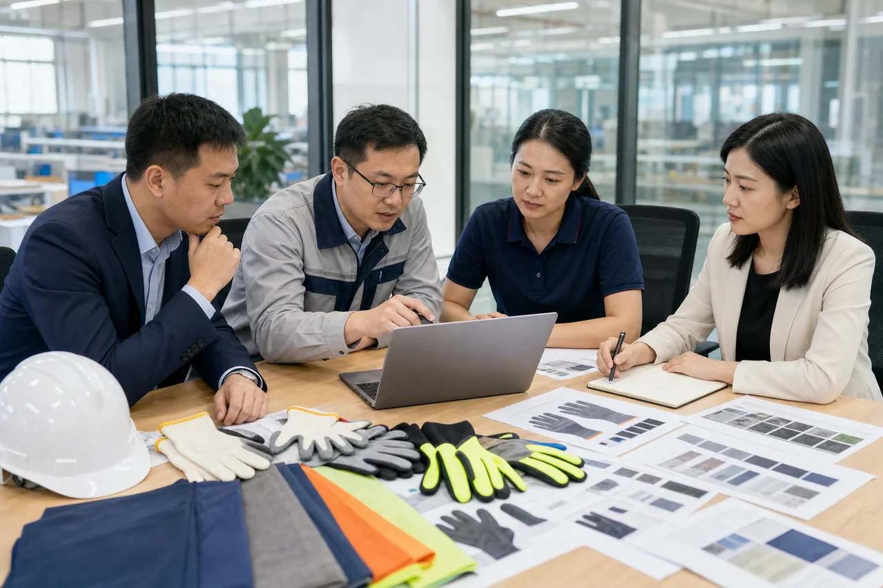 制造企业管理者核对劳保用品定制页面的防护用途和外观要求