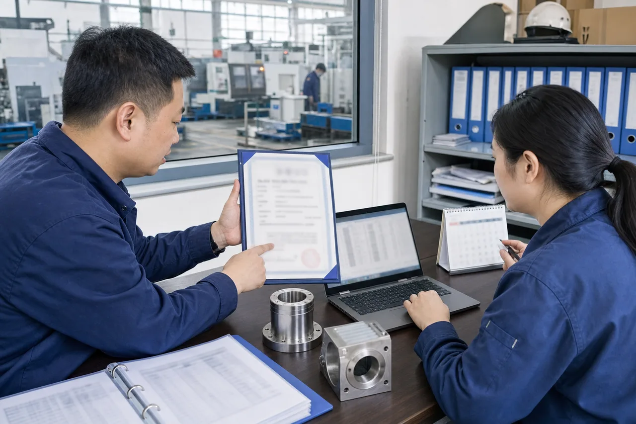 质量人员核对制造业证书、产品样件和有效期记录