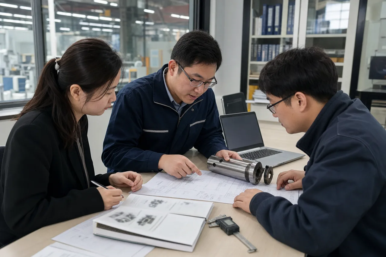 制造企业团队核对产品实物、图纸与受控文件