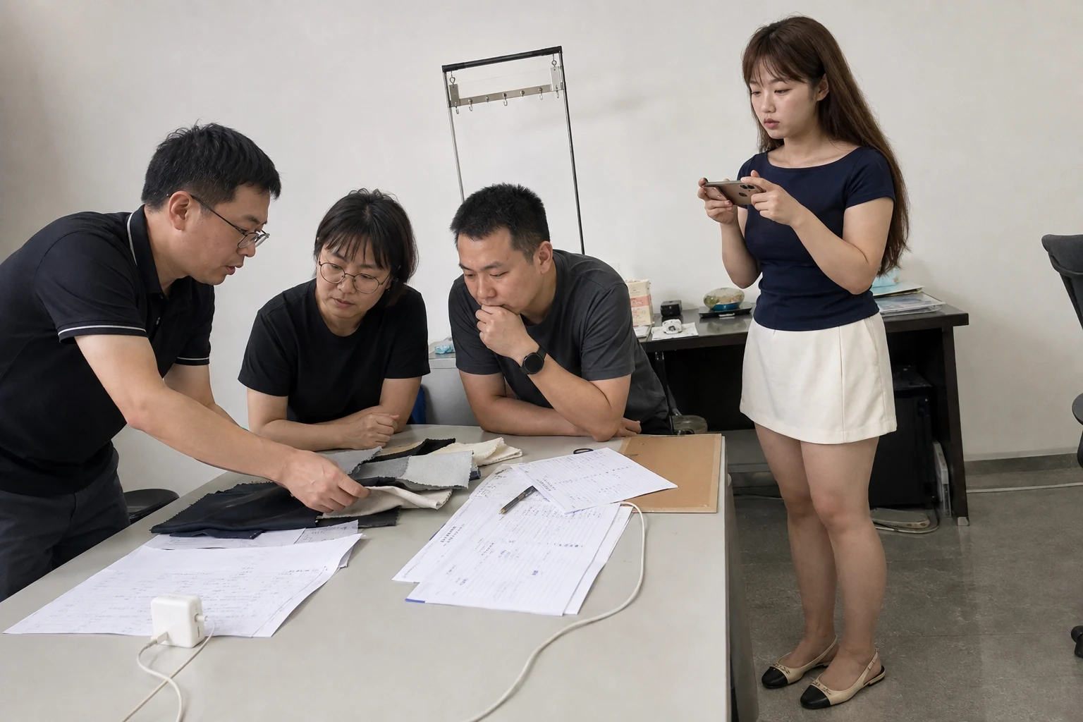技术、生产和质量人员核对精密直流电机样品与试制记录