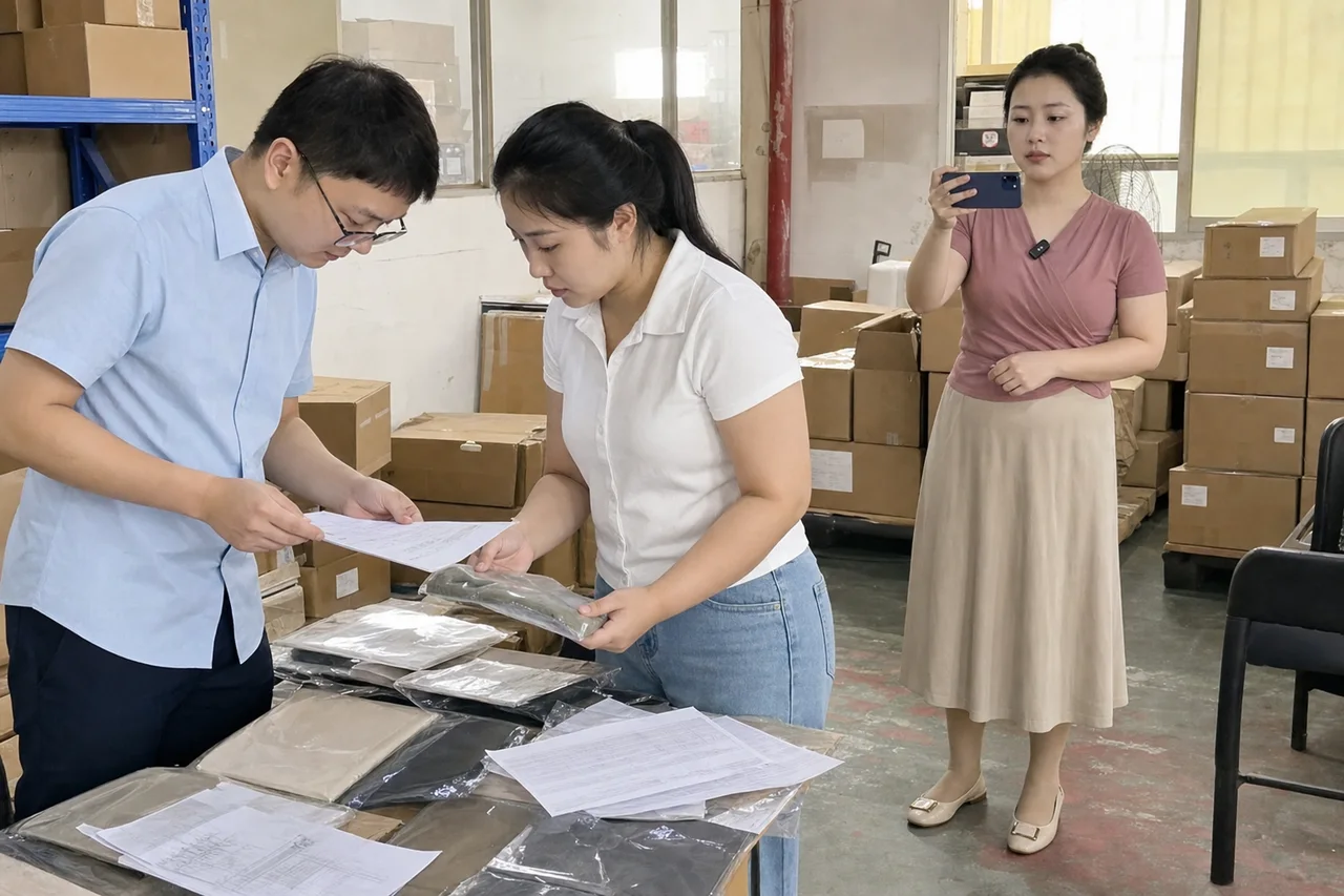 自媒体拍摄人员记录质量、仓库和销售核对终检资料与出货批次