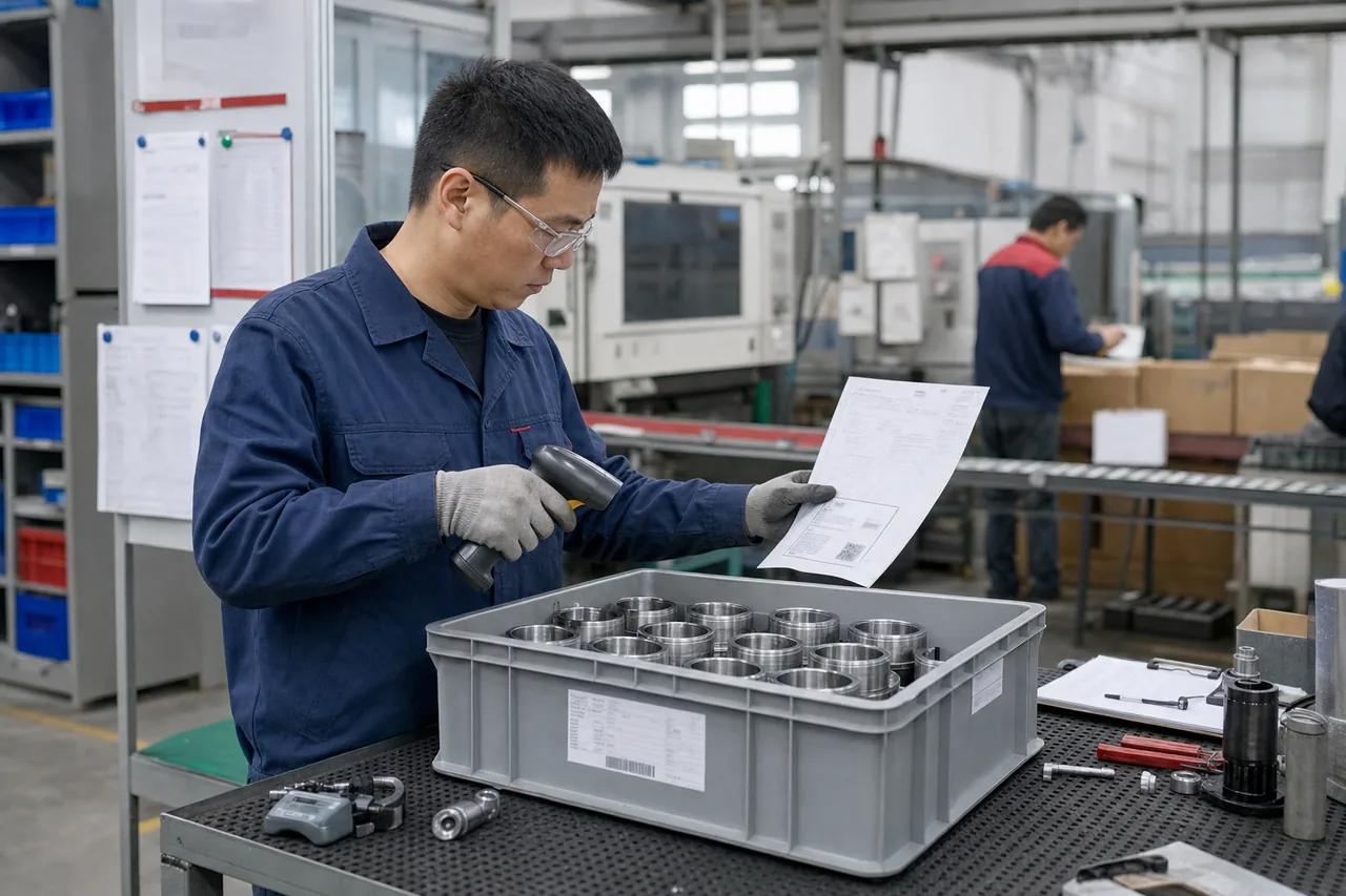 质量人员核对生产批次、工单和包装标签