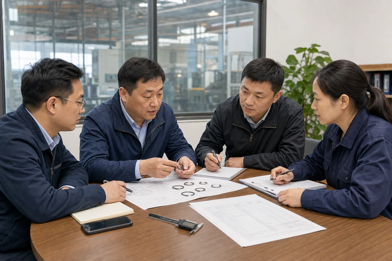 挡圈代工企业管理者核对图纸样品与验收条件