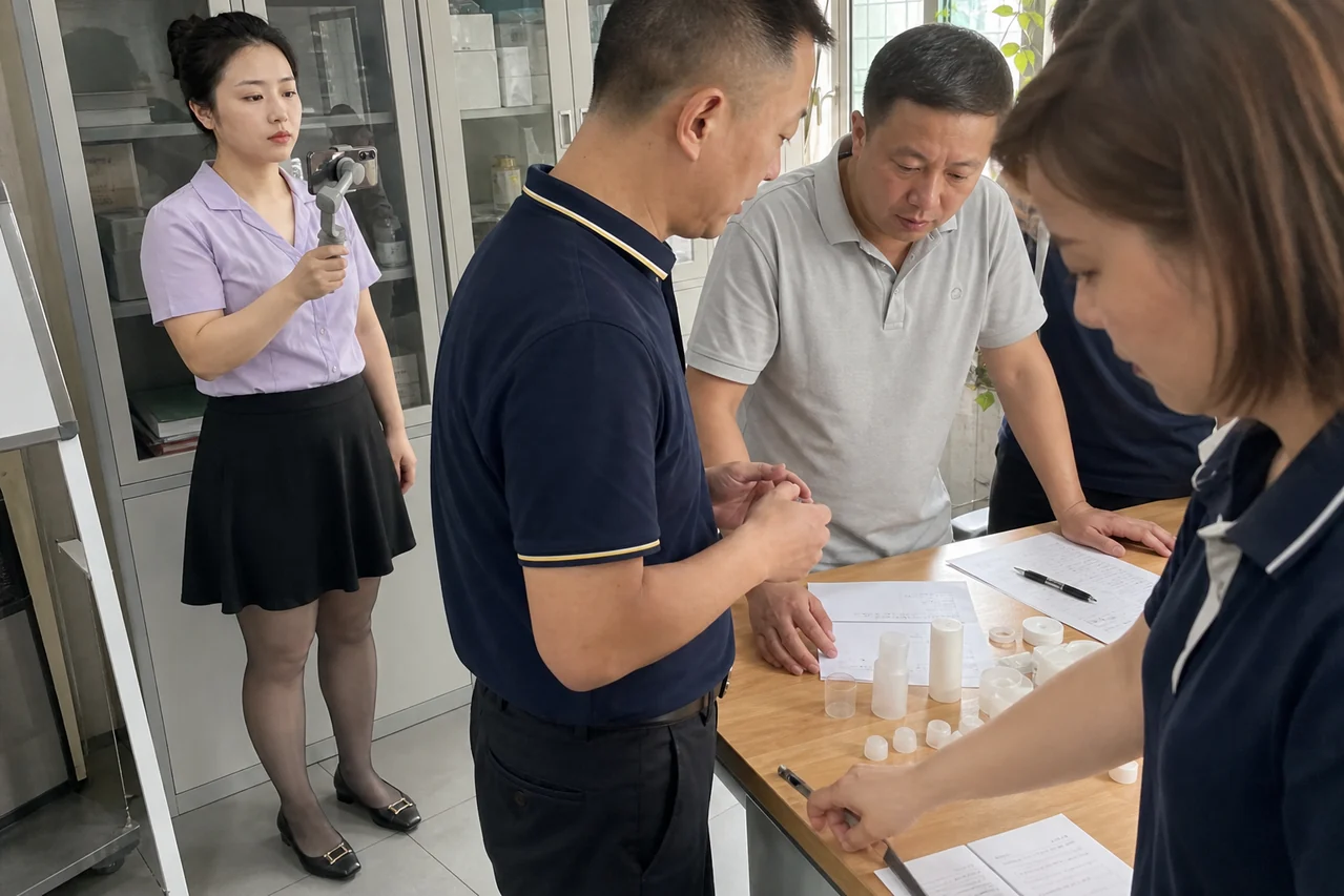 自媒体拍摄人员记录米糊加工样品和试制条件