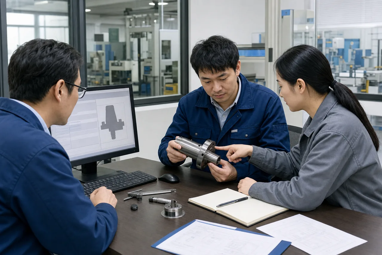 制造企业销售技术与质量人员核对洛氏硬度加工询盘的材料和检测位置