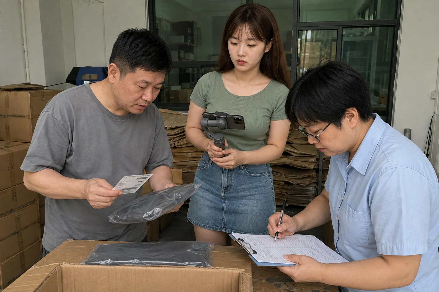 仓库与质量人员核对泳具加工来料批次标签和检验记录
