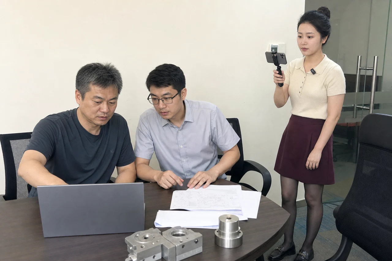 自媒体拍摄人员记录采购、技术和质量核对氩弧焊加工供应商资料